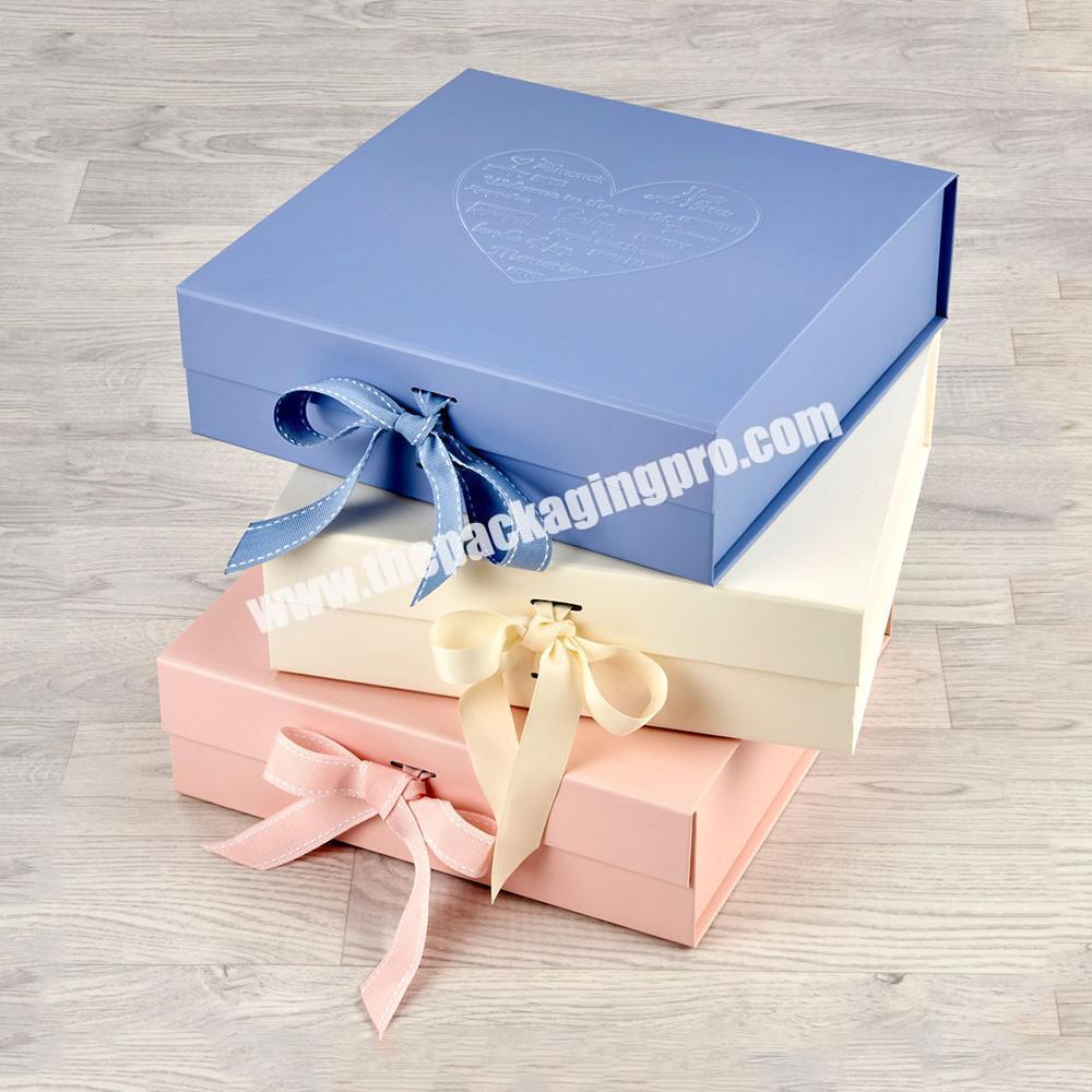 Custom Packaging Folding Blue Magnetic Rigid  Paper Kids Clothing Keepsake Gift Boxes With Ribbon