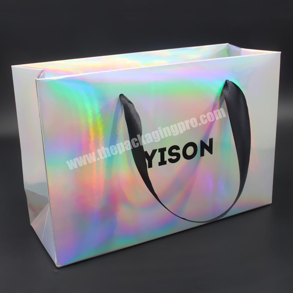 Custom Printed Premium  sacolas de papel personalizada Glitter Holographic Rainbow Paper Shopping Gift Bag