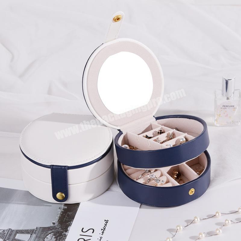 Custom Round Leather Portable Jewelry Packaging Box Mini Luxury Multi-layer Earring Stud Jewelry Storage Travel Box With Zipper