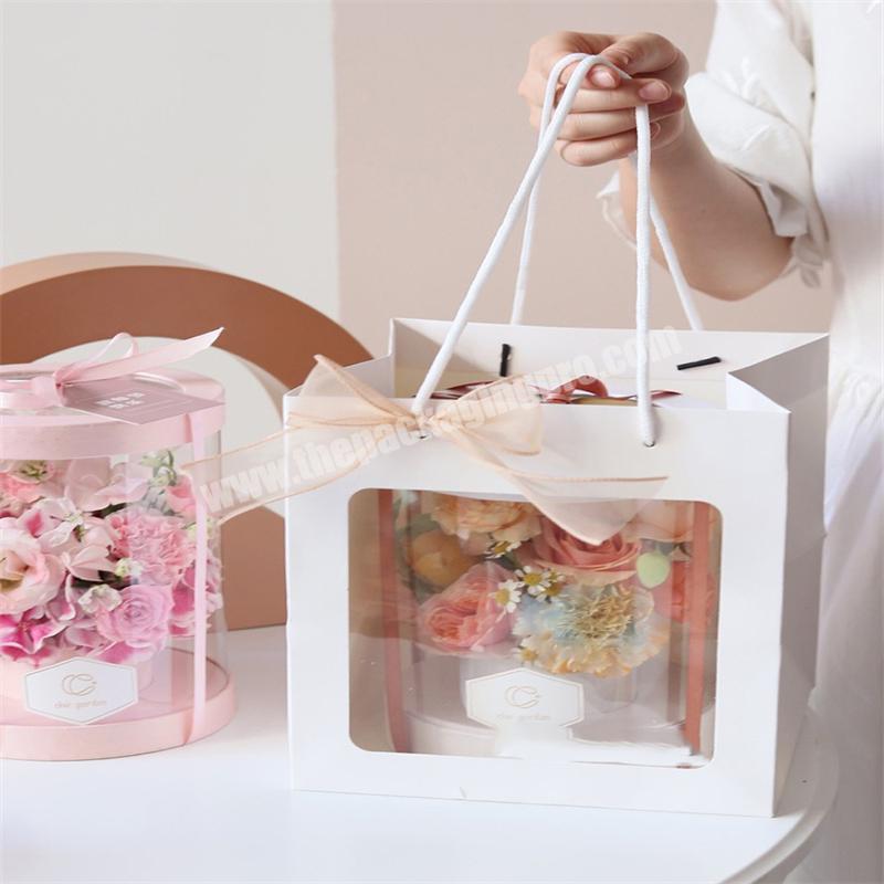 Custom Square Clear PVC Window Paper Flower Carry Bag Flower Packaging Material Bouquet Gift Tote Bag Box With Handle