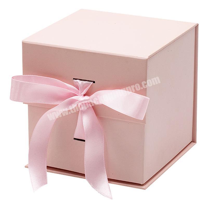 Custom Square Pink Ribbon Closure Gift Box Foldable Magnetic Cardboard Paper Box for Candle Jars Packing