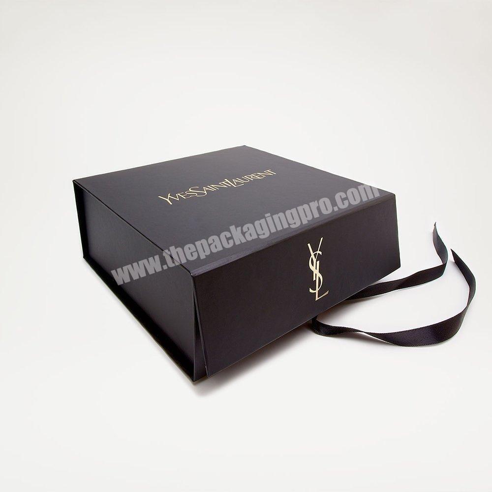 Custom black magnetic closure cardboard gift packaging box design with hot stamping logo