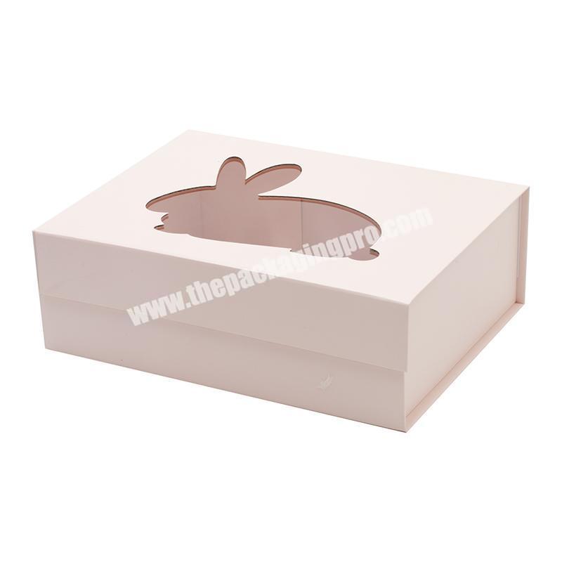 Custom clear PET window cut pink folding cardboard luxury gift wrapping hamper box