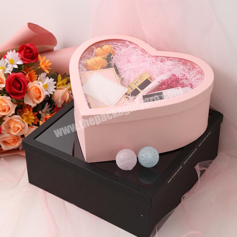 Custom clear PVC window paper heart shape birthday gift packaging box for fir flowers arrangements with logo printing