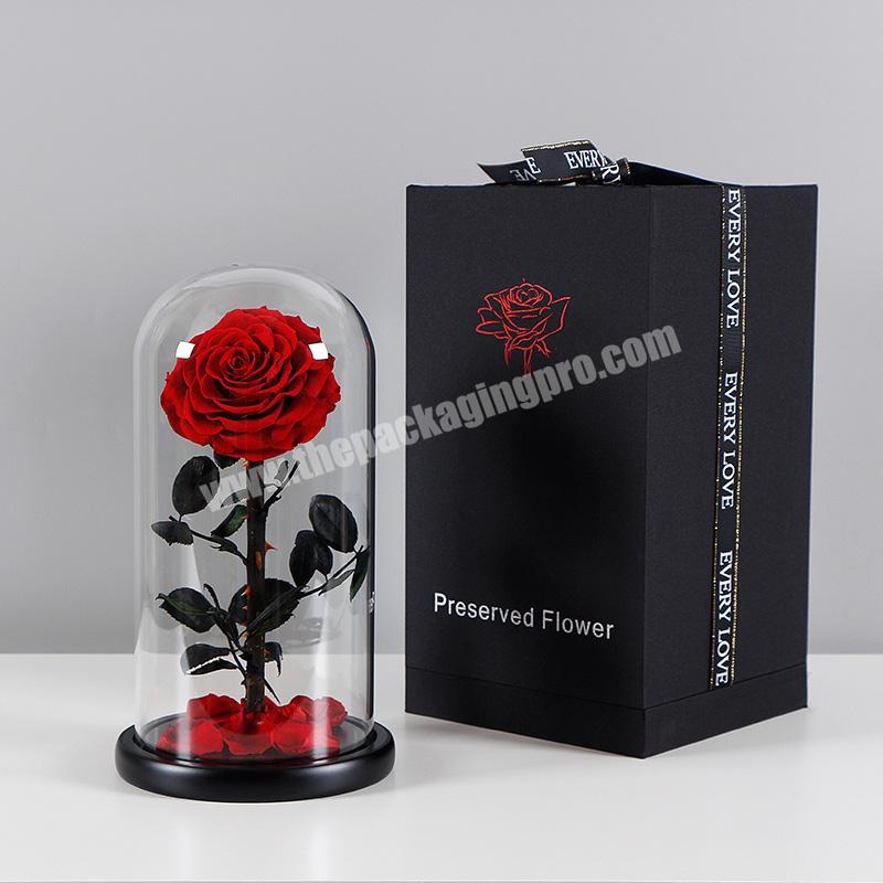 Custom clear round infinity preserved rose flower glass dome cover with led light wedding favour paper gift packaging box