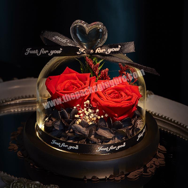 Custom clear transparent flowerved flowers gift in miniglass dome with string light Valentine's Day cork flowers packaging box