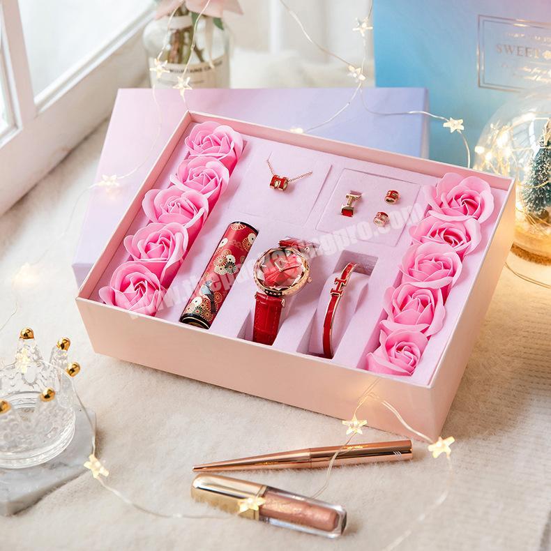 Custom fashion cheap luxury women starry diamond paper gift watch pink packaging box for jewelry bracelet set storage box