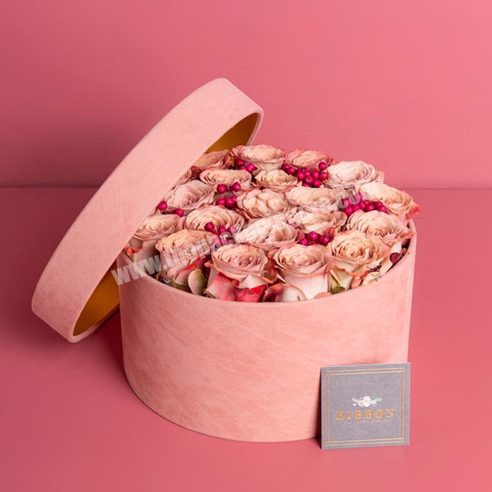 Custom fashion red velvet round bouquet flowers gift packaging box waterproof suede round flower hat delivery box with handle
