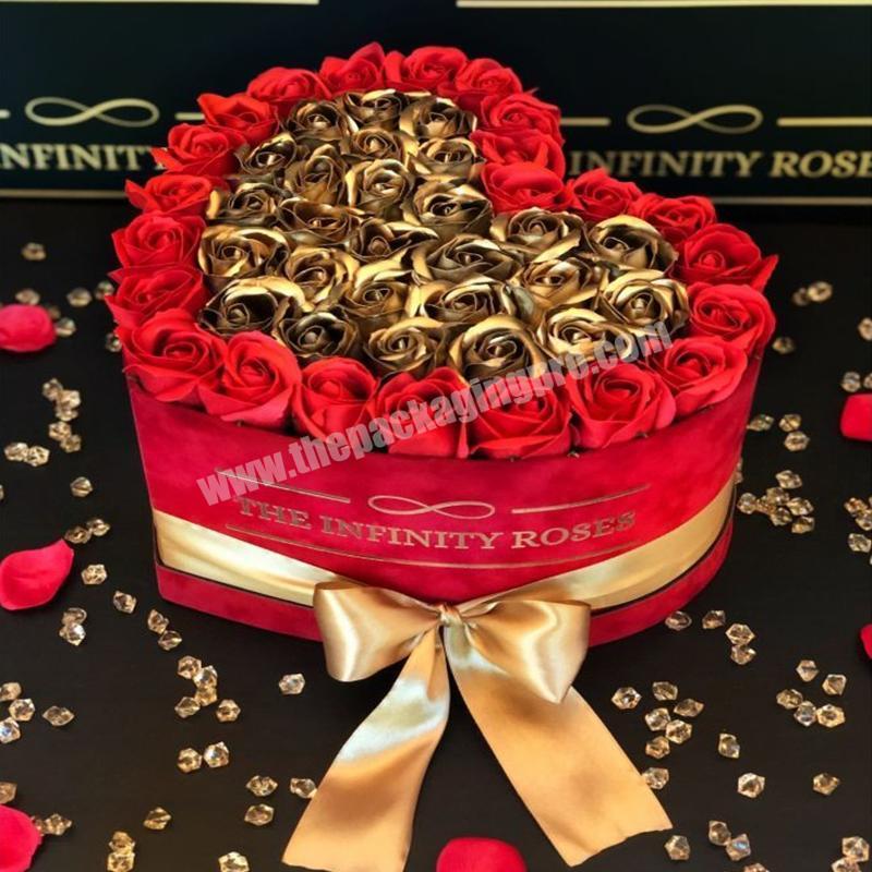 Custom logo love heart shape red velvet wedding flower bouquet gift packaging box luxury suede heat rose box for flowers