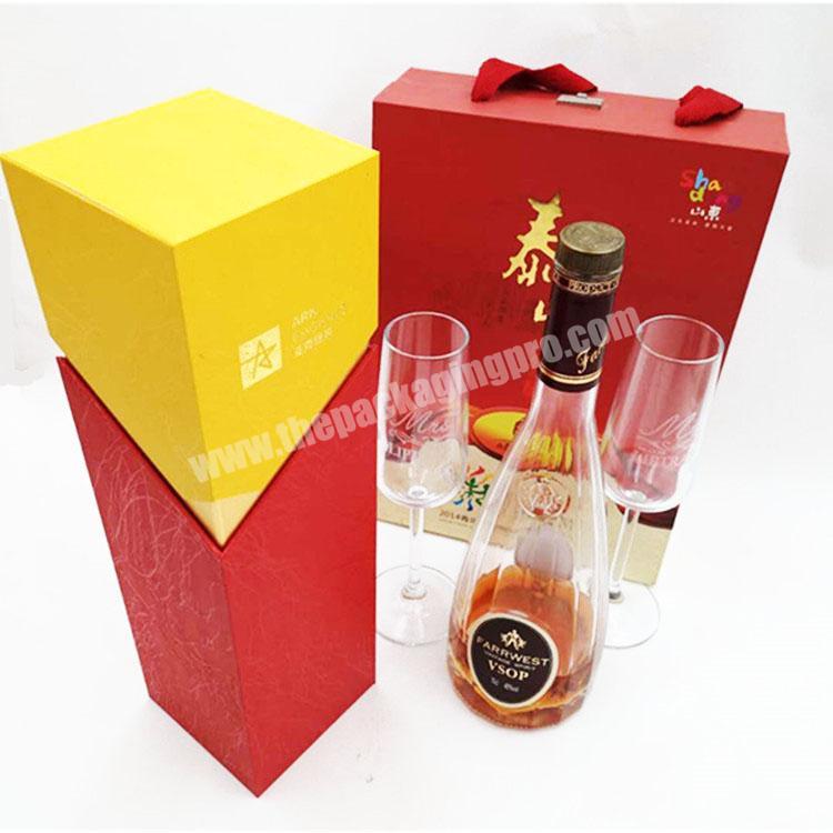 Custom logo luxury glass bottle paper gift packaging red wine box with ribbon handle