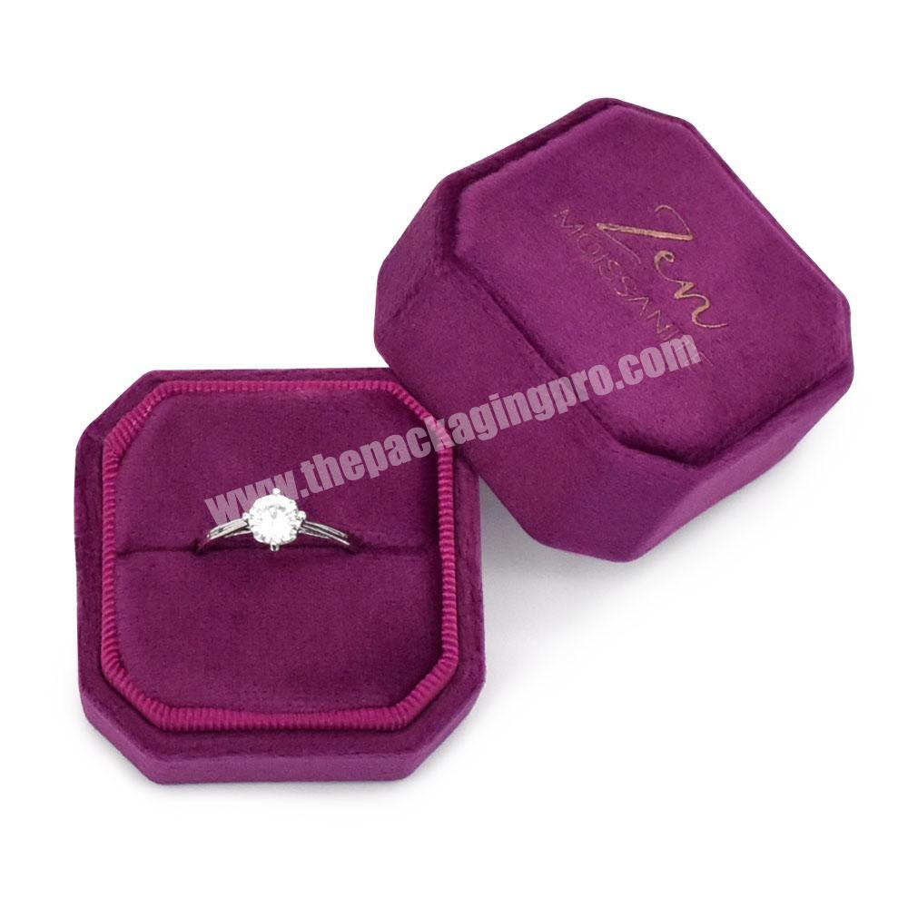 Custom logo octagonal mini vintage velvet wedding ring packaging box with soft foam wholesale