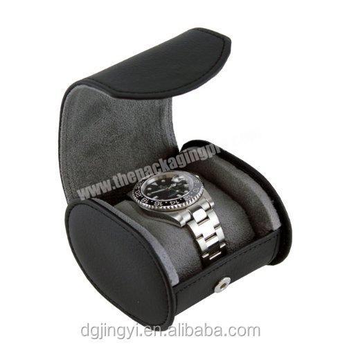 Custom logo premium matt black round pu leather travel gift watch jewelry storage packaging box with soft leather pillow luxury