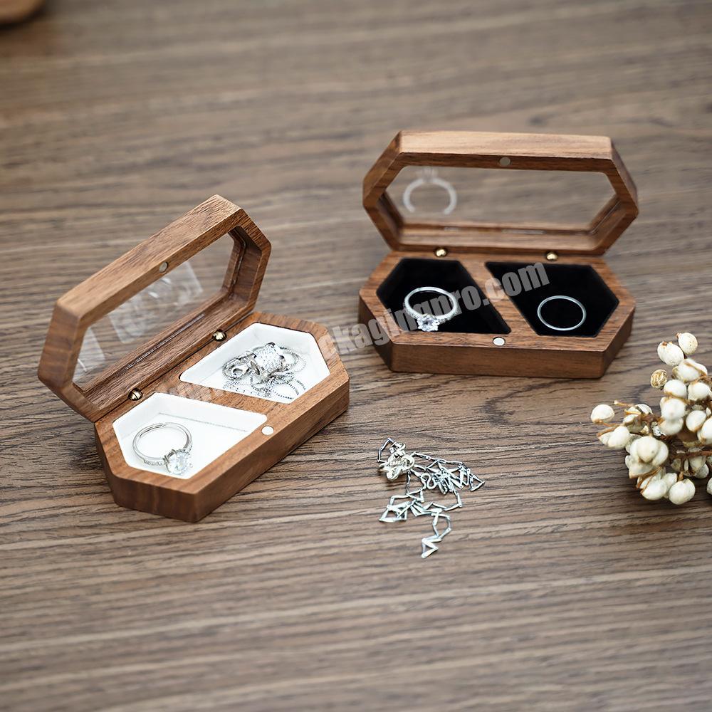 Custom luxury solid wooden jewelry ring packaging box wood wedding double ring gift storage box with transparent window