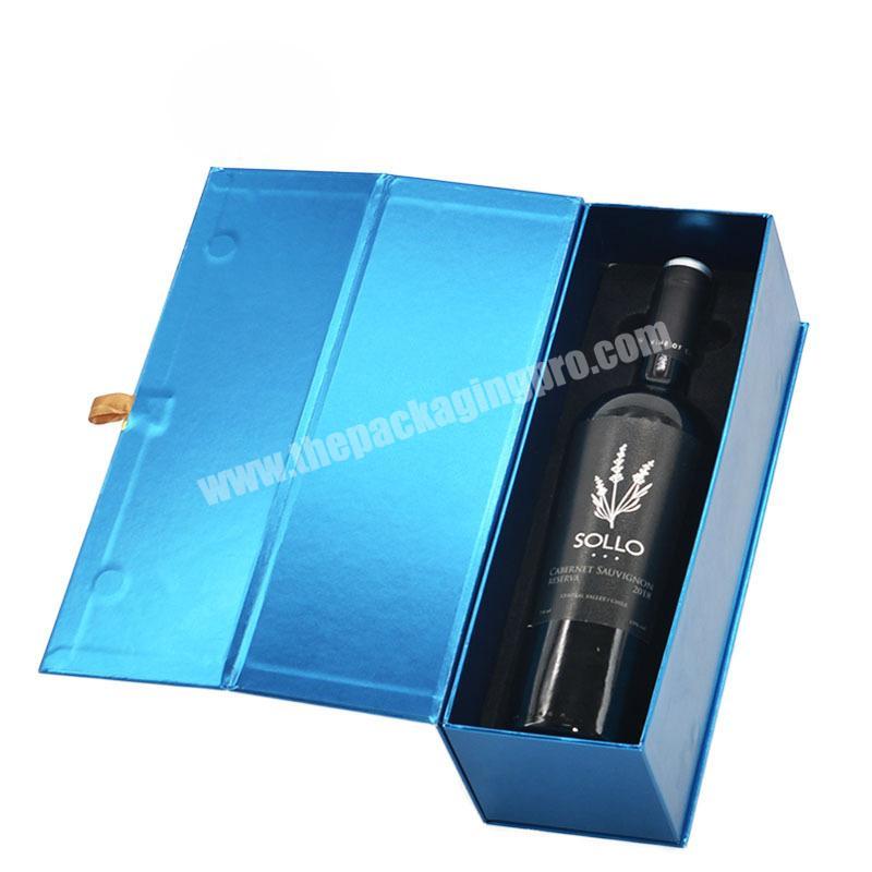 Custom magnetic closure paper wine bottle gift packaging boxes luxury cardboard whisky shipping packing box with satin insert