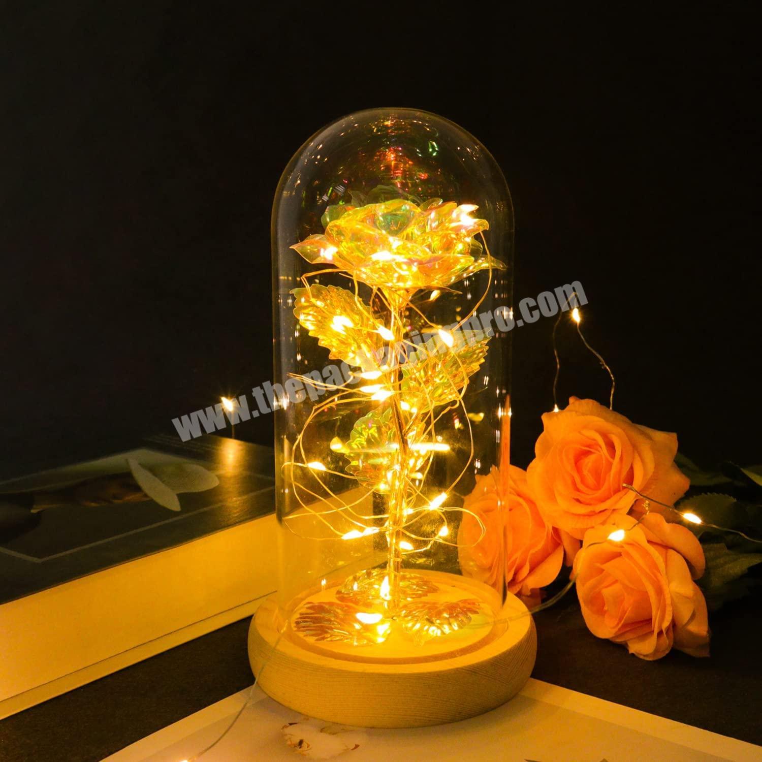 Custom mini transparent led light gold foil rose flower glass dome cover wedding favor with paper packaging box foam insert