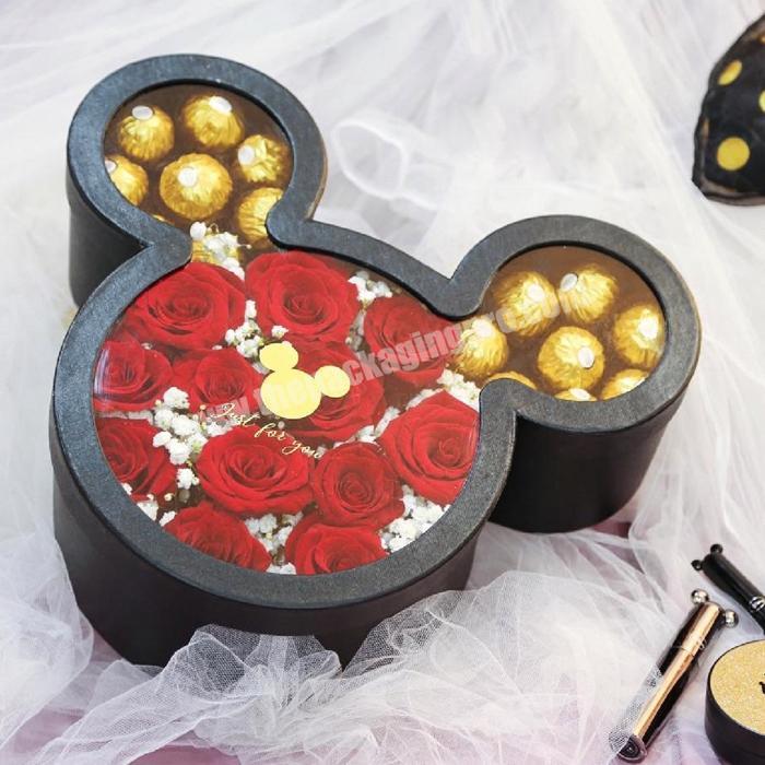 Custom paper soap rose flower gift packaging box mickey mouse shape preserved flower packing box with foam insert clear window