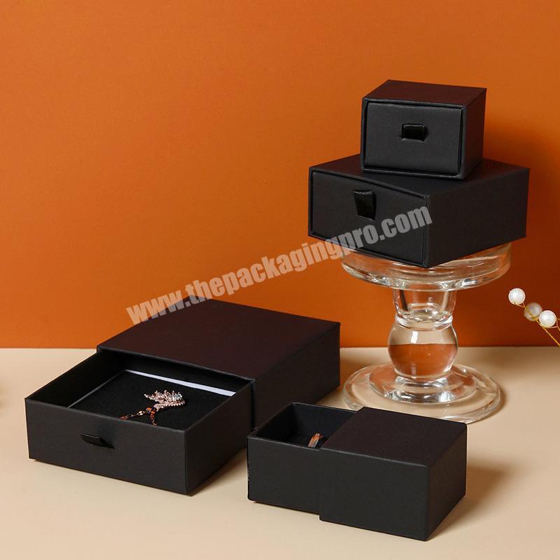 Custom personalized logo luxury small drawer jewelry gift paper box black sliding ring necklace bracelet box with foam insert