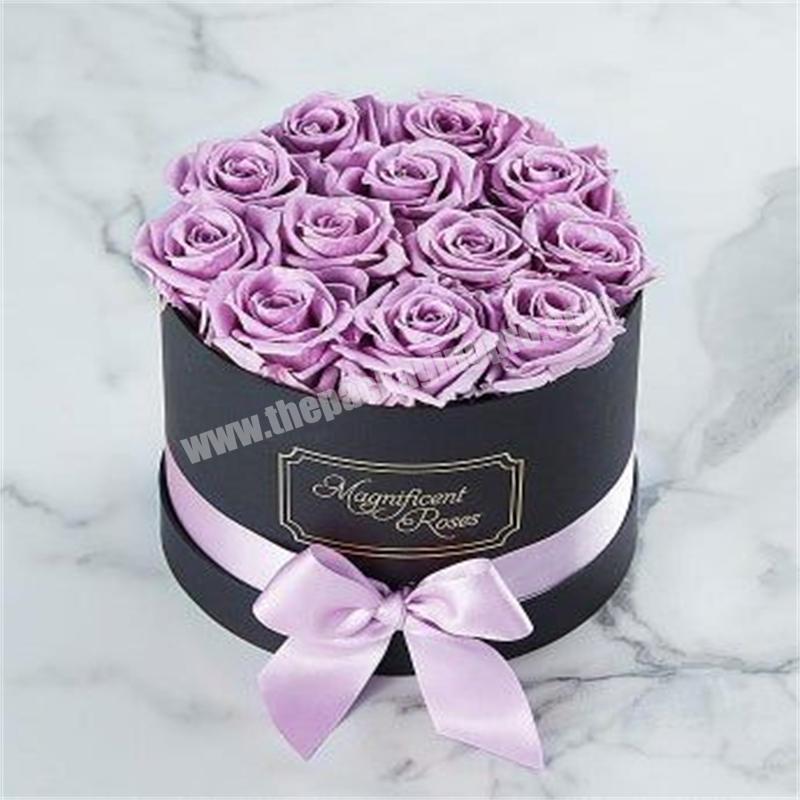 Custom valentines black round paper tube hatbox flower arrangement box rose bouquet round packaging boxes for flowers with bow