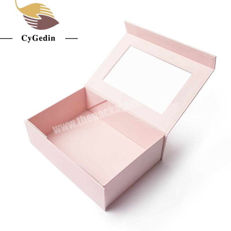 Customization Garment Clothing Pink Matte Rigid Book Shape Magnetic Gift packing Folding Boxes with clear window