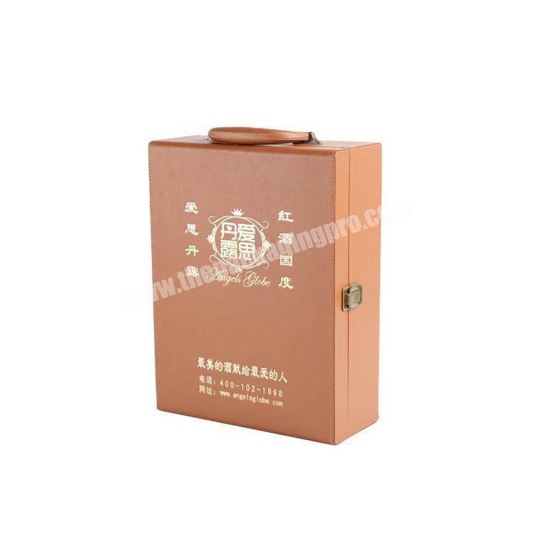 Customized Luxury mdf Wood Leather Gift Set Wine Box With PU Handle Wood box with PU leather cover