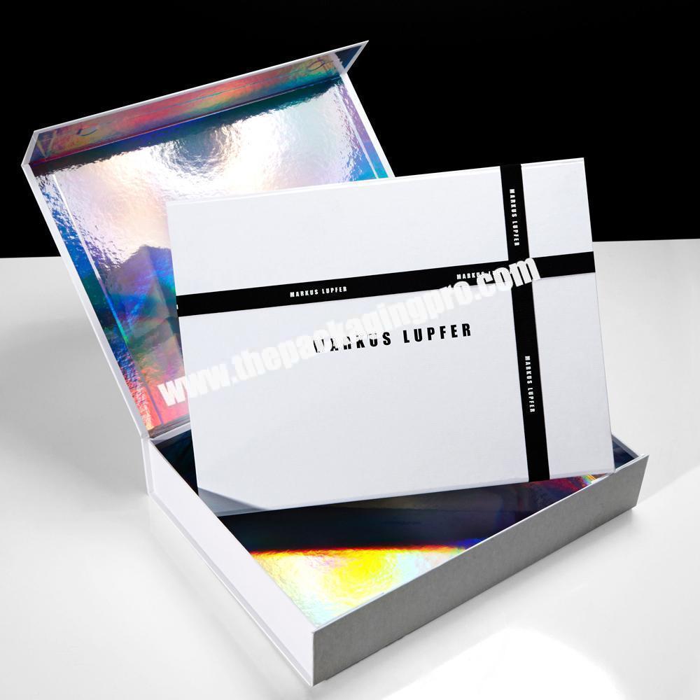 Customized White Book Style Magnetic Cardboard Cosmetic Gift Packaging Box With Holographic Paper
