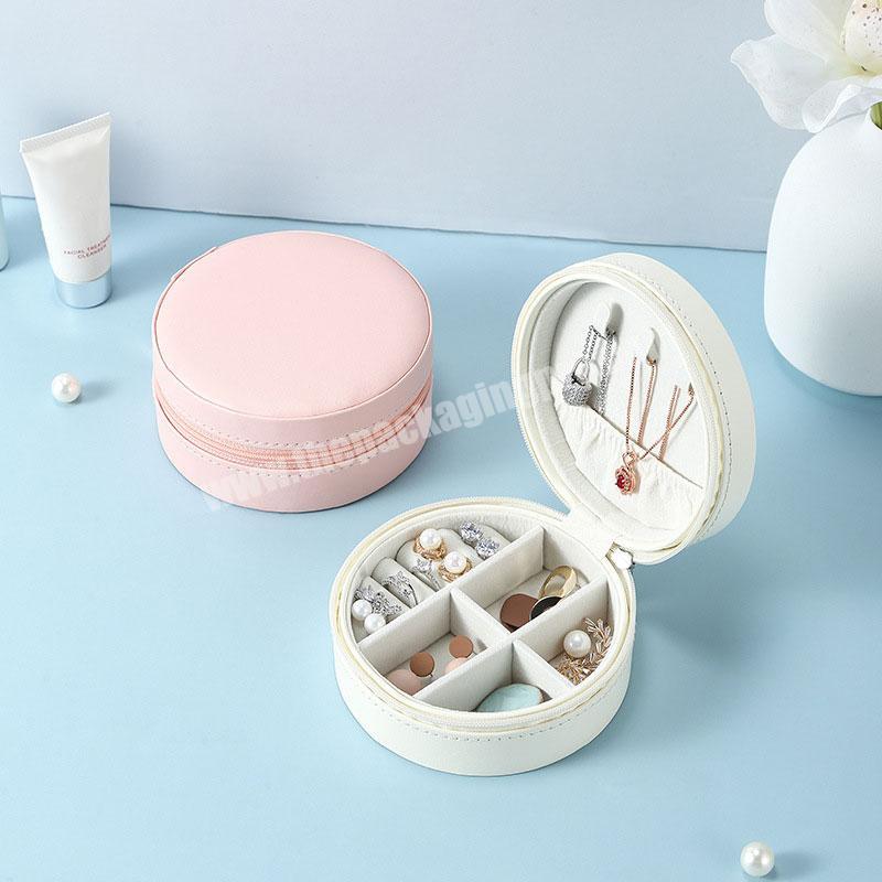 Customized Small Portable Travel Jewelry Case Round Earrings Ring Necklace Bracelet Jewelry Storage Box With Mirror Zipper