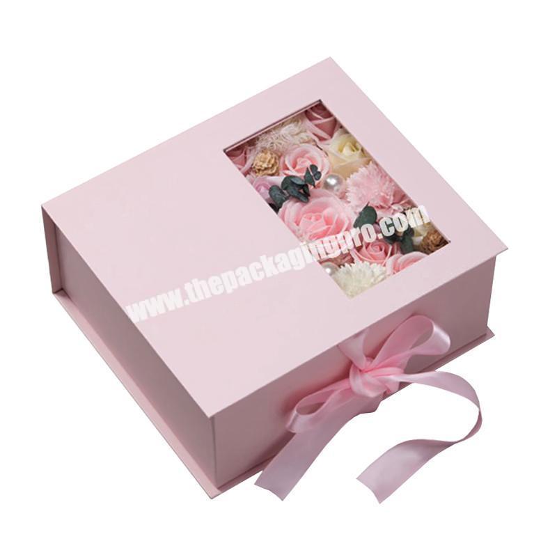 Cute Wrapping Clear White Small Luxury Pink Custom Card Packaging Romantic Paper Gift Box With Ribbon Closure