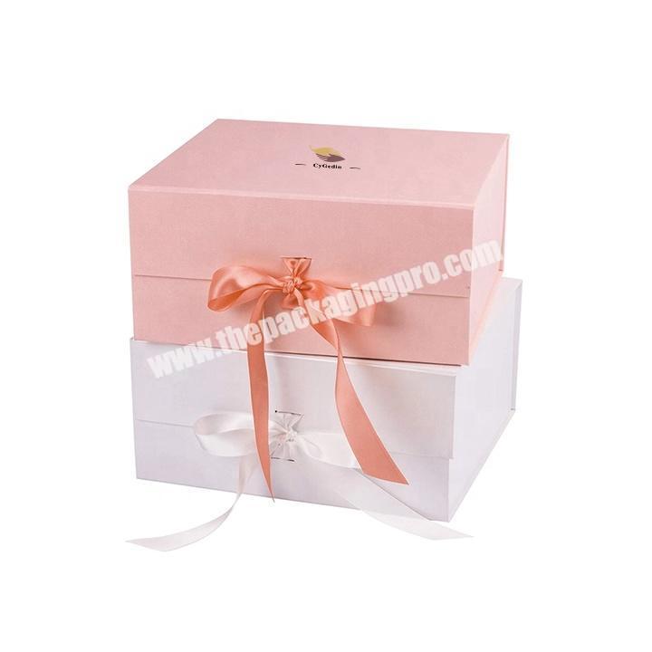 Wholesale Luxury Custom Cardboard Magnetic Foldable Gift Packaging Pink Paper Box with Ribbon for Clothes