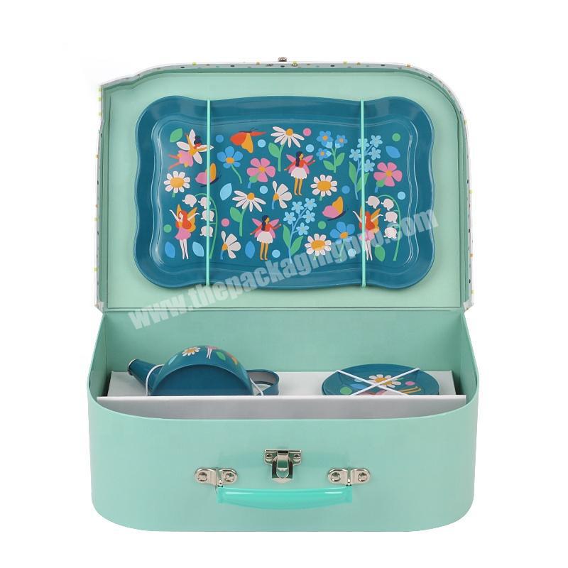 Custom design insert storage kids toy porcelain teapot box children's tea set cardboard suitcase with handle