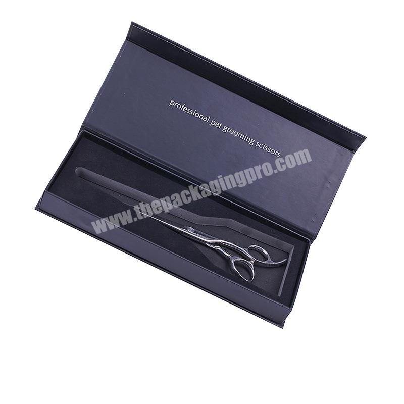 Empty Custom logo printing matte black magnetic PET beauty hair scissors kit packaging paper gift box with magnetic lid
