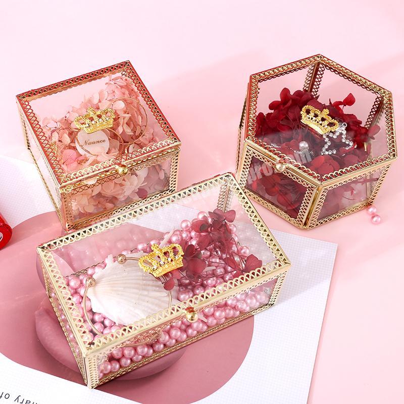 European Crown Style Jewelry Storage Box Exquisite Polygonal Glass Cosmetics Princess Jewelry Ring Necklace Gift Packaging Box