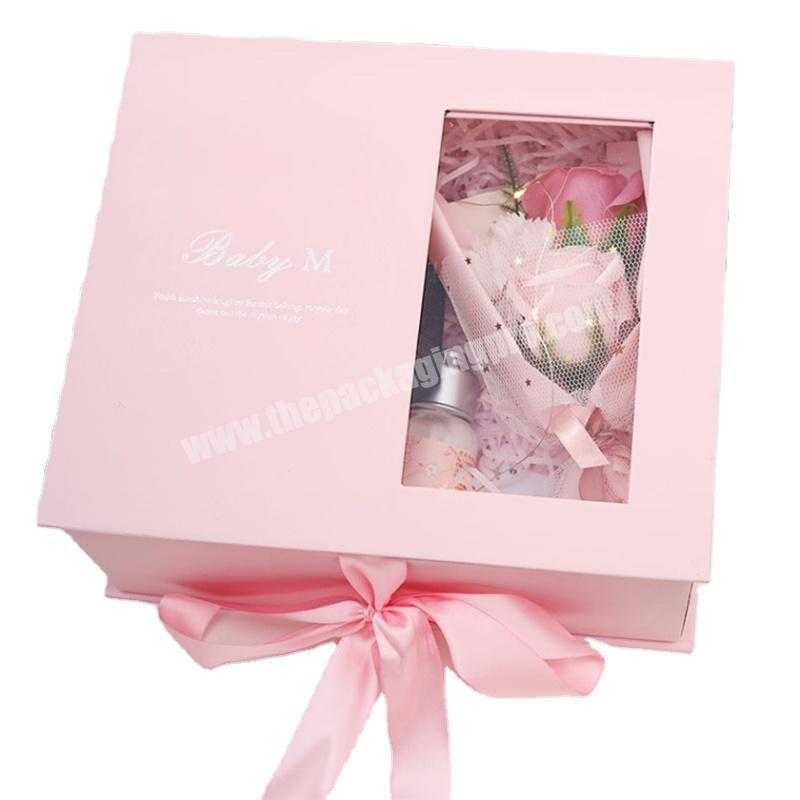 Folding Box Ribbon Wedding Gift Box Packing Pink Folding Box PVC Transparent Window