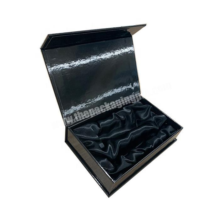 Custom Luxury Black Book Shaped Rigid Paper Packaging Magnetic Gift Boxes With EVA Foam Silk Satin Insert