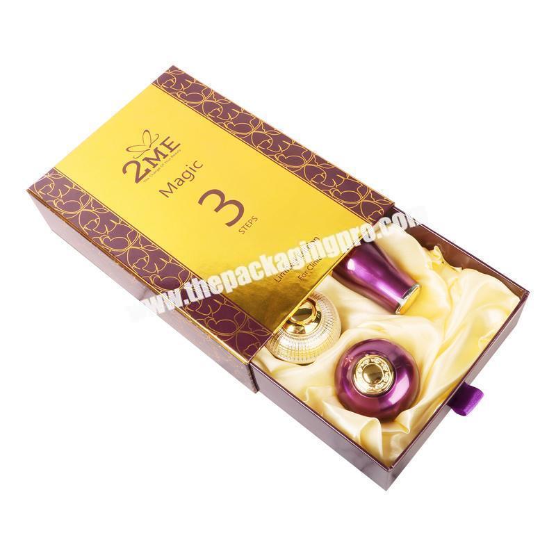 luxury high quality drawer box style gold foil stamping glossy gift boxes with cloth insert for cosmetic products for skin care
