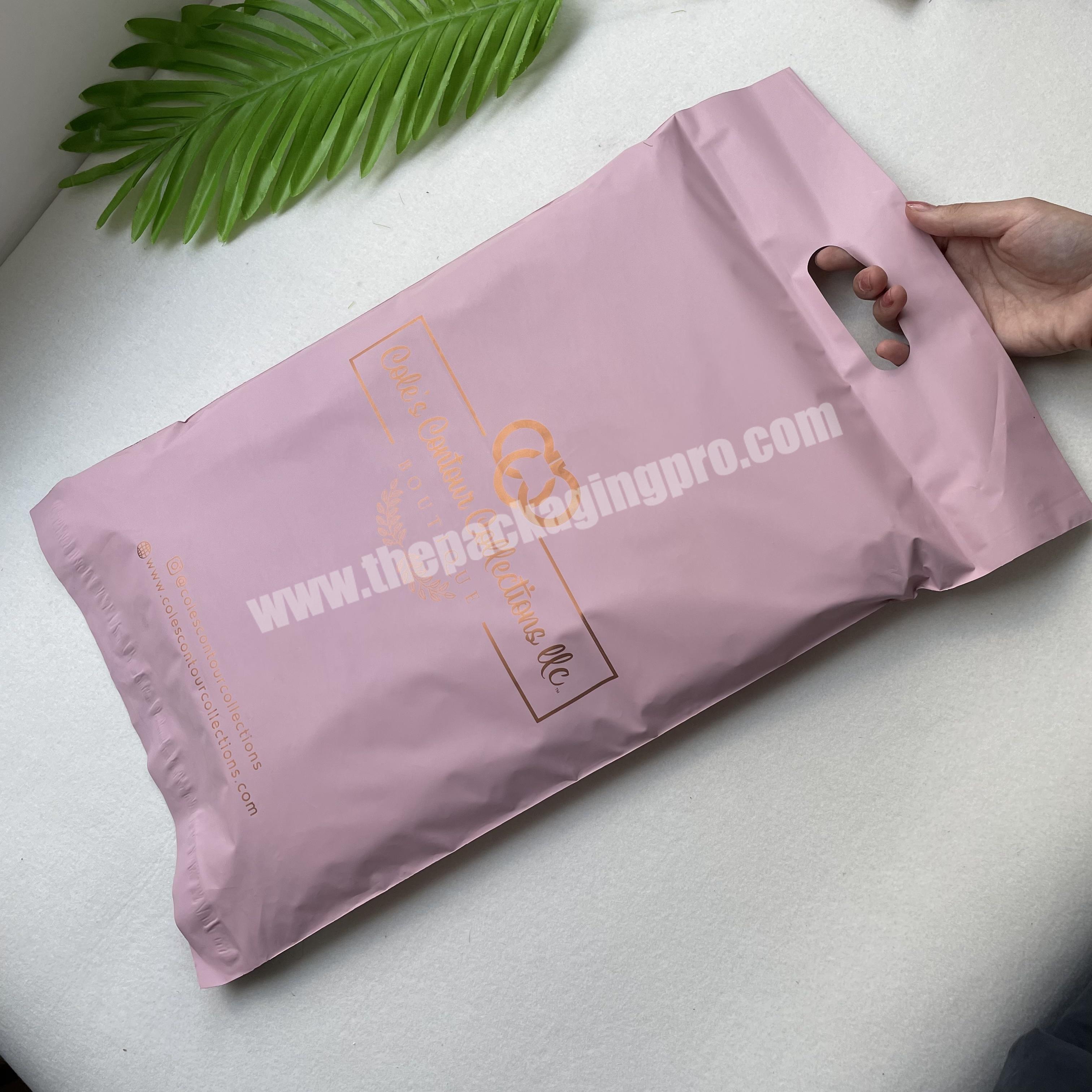 High quality Degradable gold writing custom logo matte pink poly mailer bags for Garment package with handle for clothing