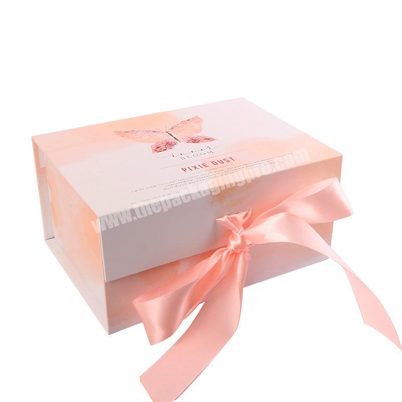 High quality flat packed paper rigid box magnetic closure gift box with ribbon for wedding gift clothing packaging