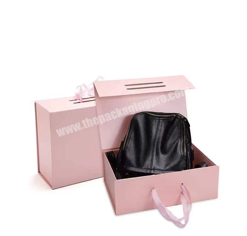 High quality large folding cardboard women handbag postage packaging box custom logo paper bra organizer storage box with ribbon