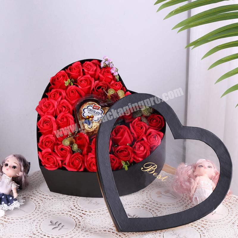 High quality low price preserved rose heart shape gift packaging boxes for Valentine's Day flowers bouquet box with clear window