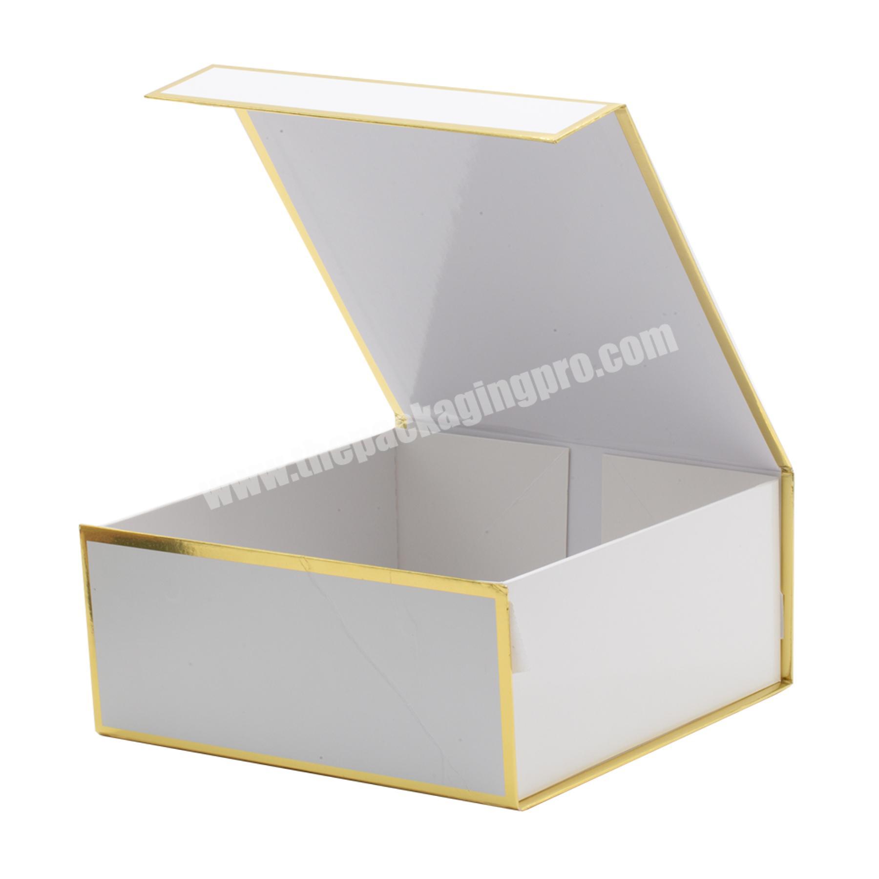 High quality white box with custom printing gold brim clam shell box with magnetic closure for clothing shoes garment packing