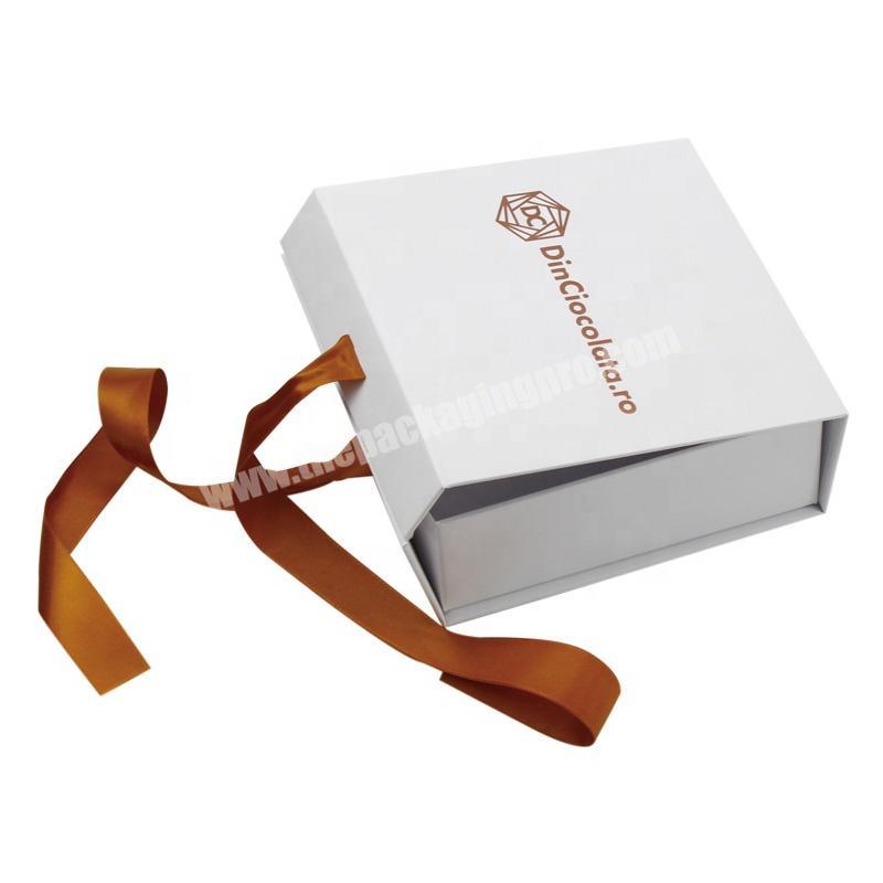 Hot Sale Factory Direct Price Hard White Cardboard Gift Box Chocolate Packaging With Satin Ribbon Closure