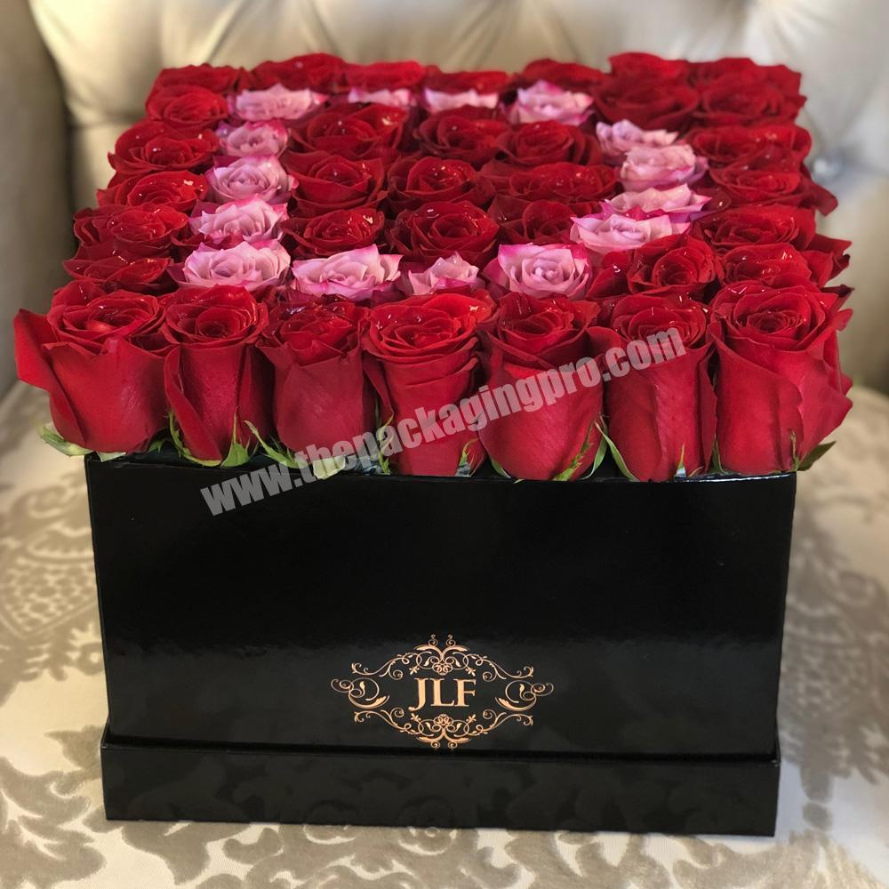 Hot sale paper cardboard black square wedding flower rose bouquet gift packaging box with handle for flower bouquets gift