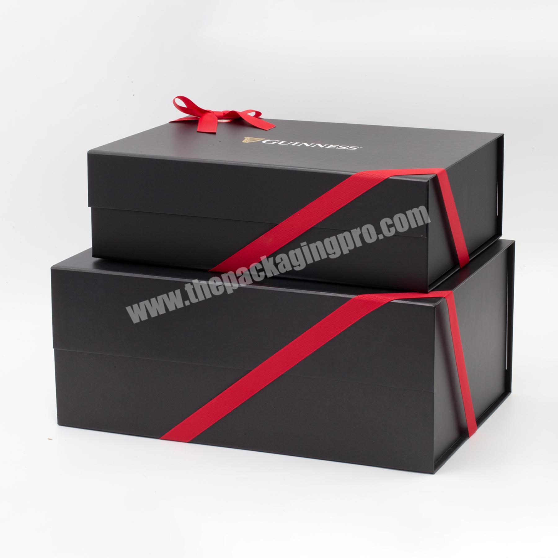 Large size packaging box with custom logo matte black with ribbon packing box for clothing products garment shoes storage box