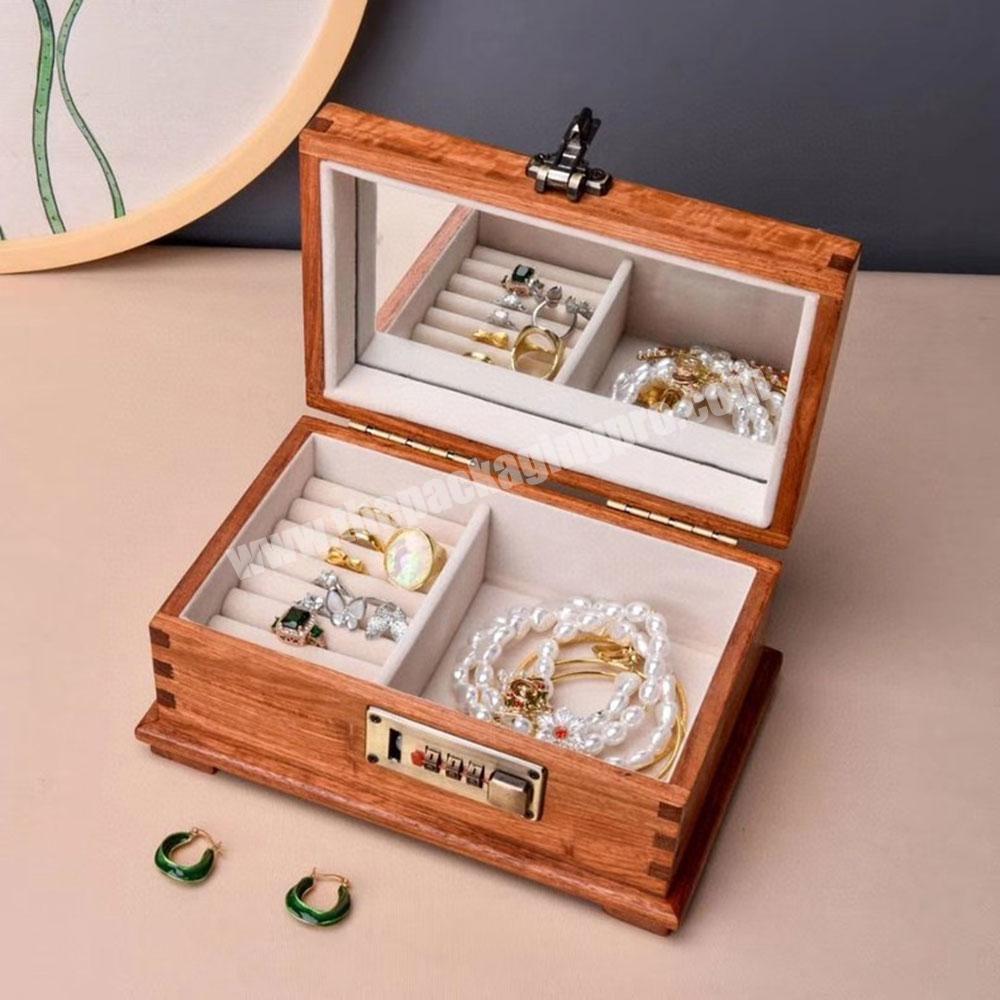 Large size sturdy rustic durable home decorative jewelry box organizer recycled wooden ring boxes With mirror