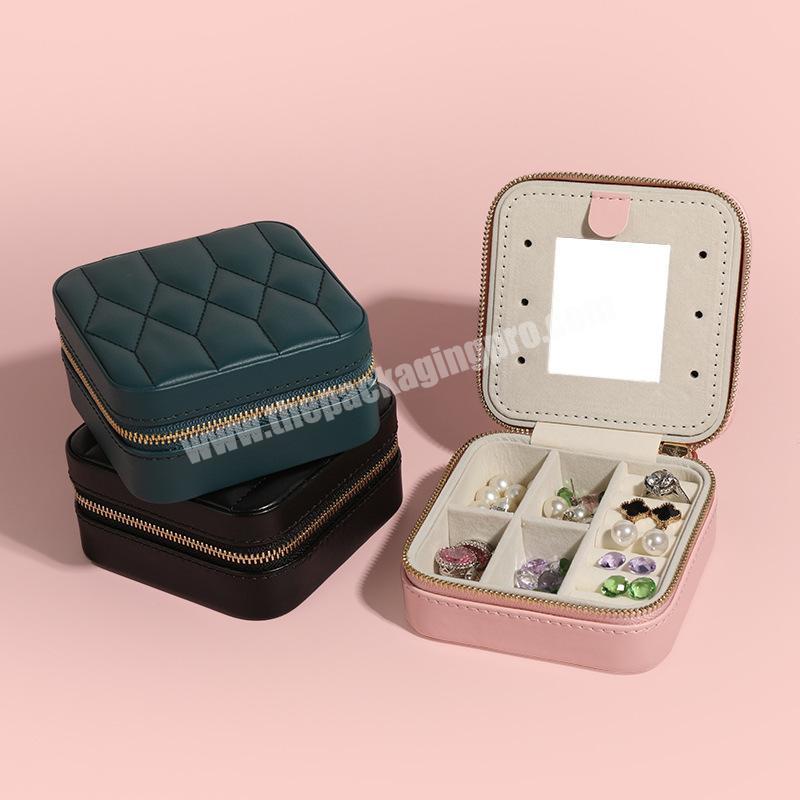 Leather mirror jewelry showcase women jewelry ring packaging boxes zipper travel jewelry box