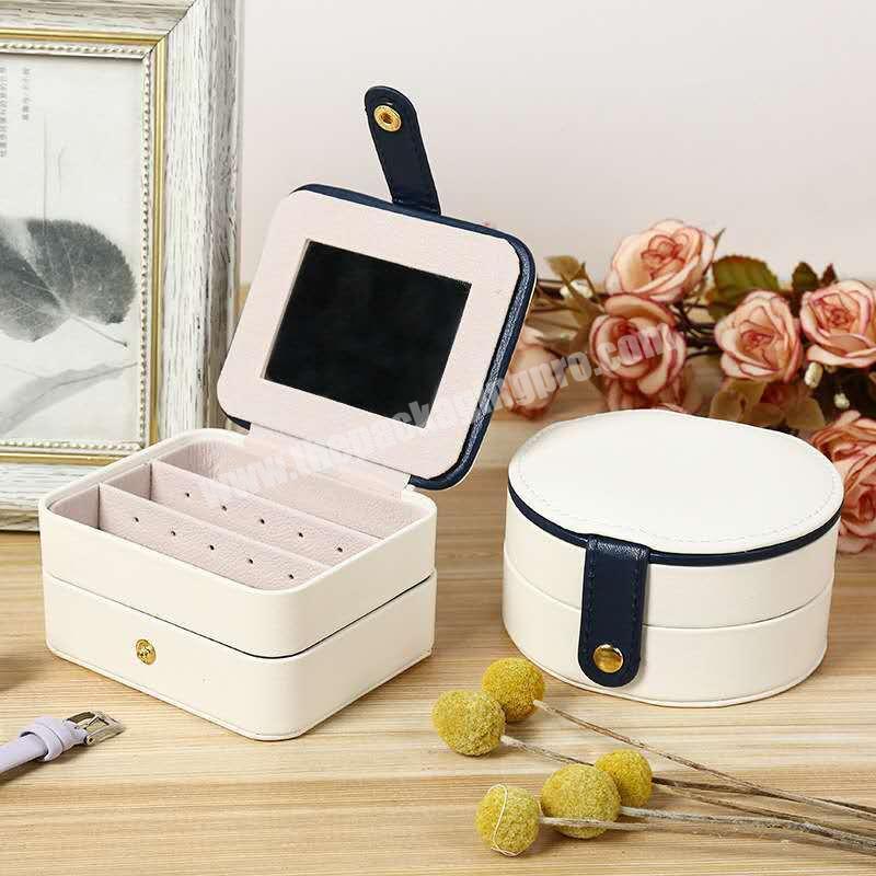 Lovely mini pu leather small travel jewelry organizer gift boxes necklace ring bracelet packaging box with mirror for women