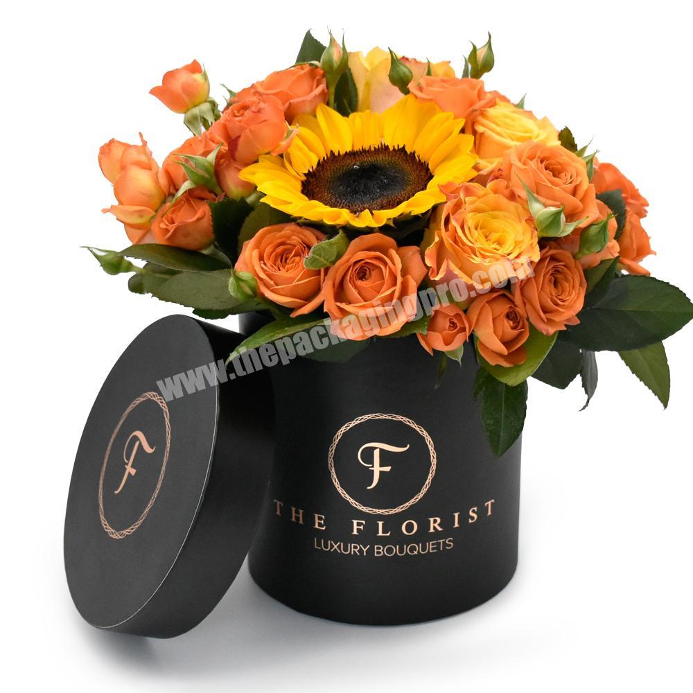 Luxury Custom Gold Foil Logo Black Art Paper Round Romantic Rose Gift Preserved Flower Box Packaging For Flower Packaging