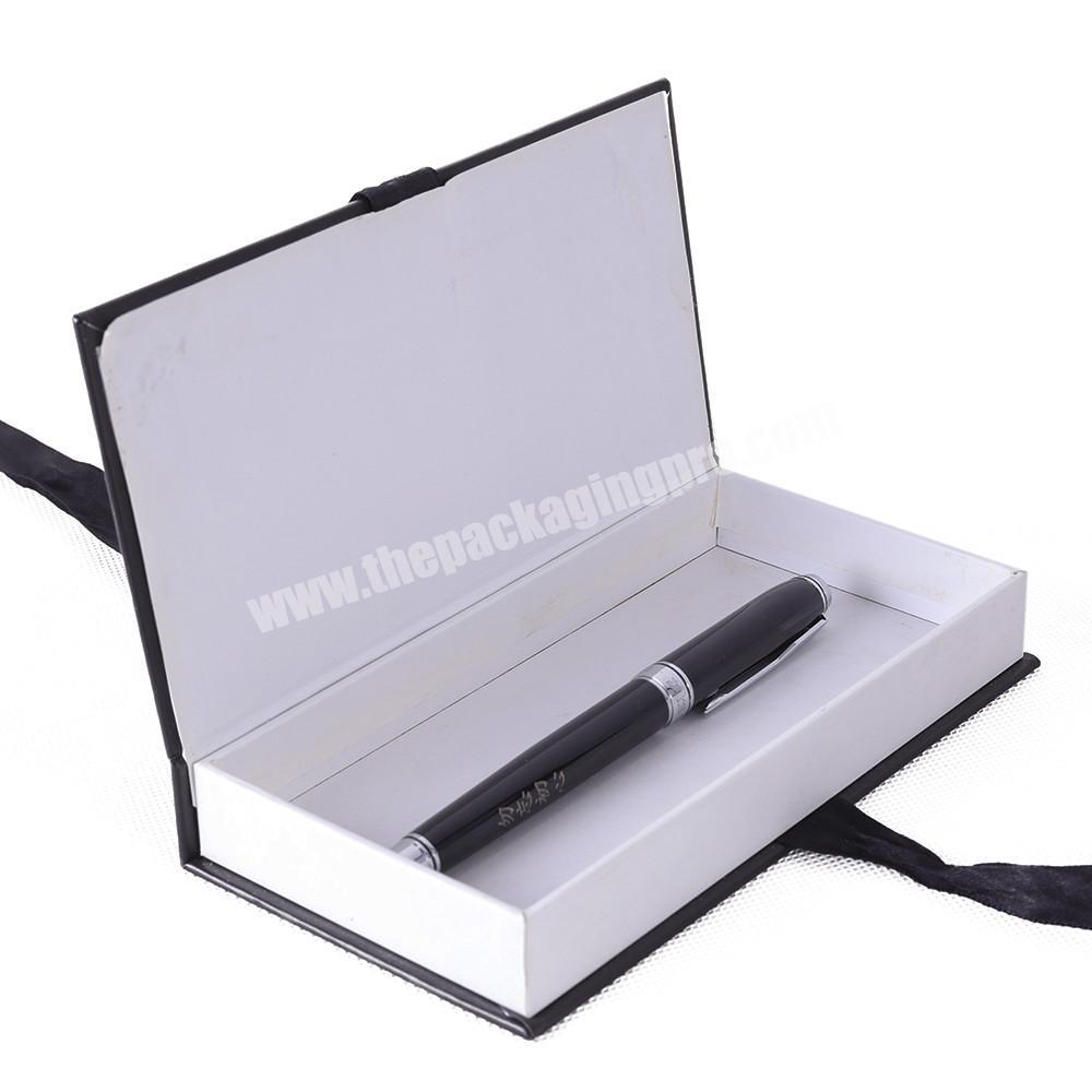 Luxury Paper Gift Pen Boxes Ribbon Closure Black Color Ballpoint Gift Pen Packaging Paper Box
