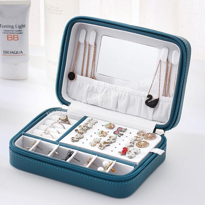 Luxury Travel portable small leather jewelry organizer box with Makeup mirror Earrings Ring Necklace cosmetic Storage box