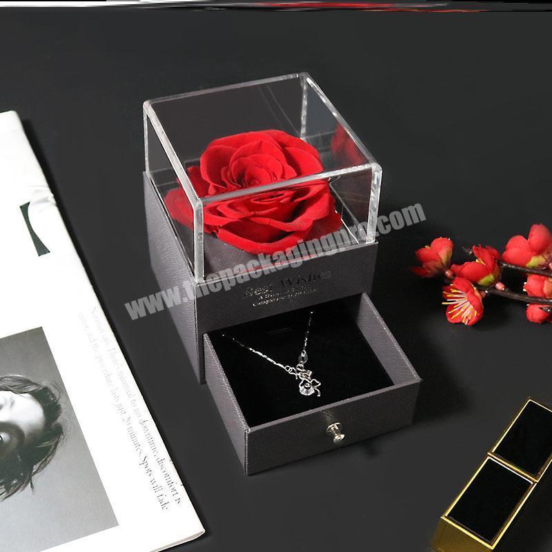 Luxury acrylic clear cover square preserved rose flower jewelry gift box custom ring flower packaging box for valentine's day