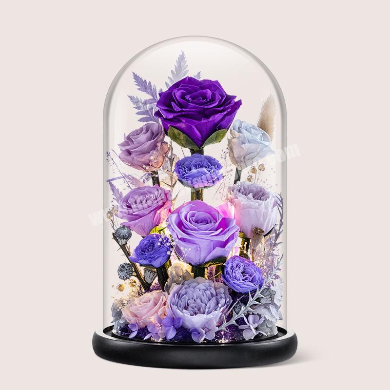 Luxury artificial eternal rose flower in glass dome preserved flower valentines gift packaging box for water with foam insert